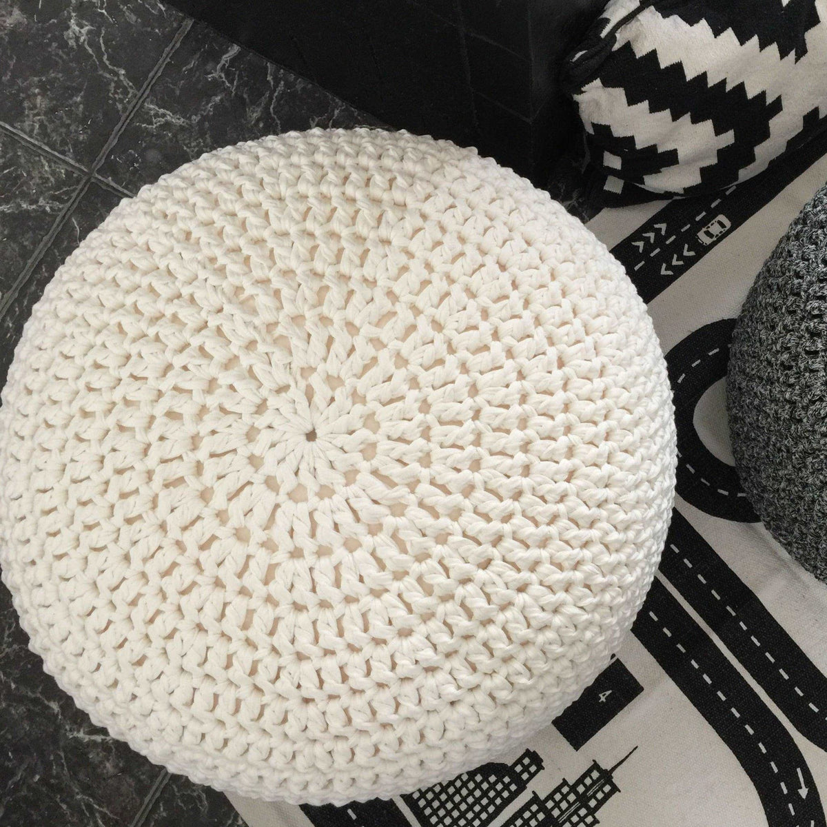 Crochet Pouf Ottoman - Pearl White