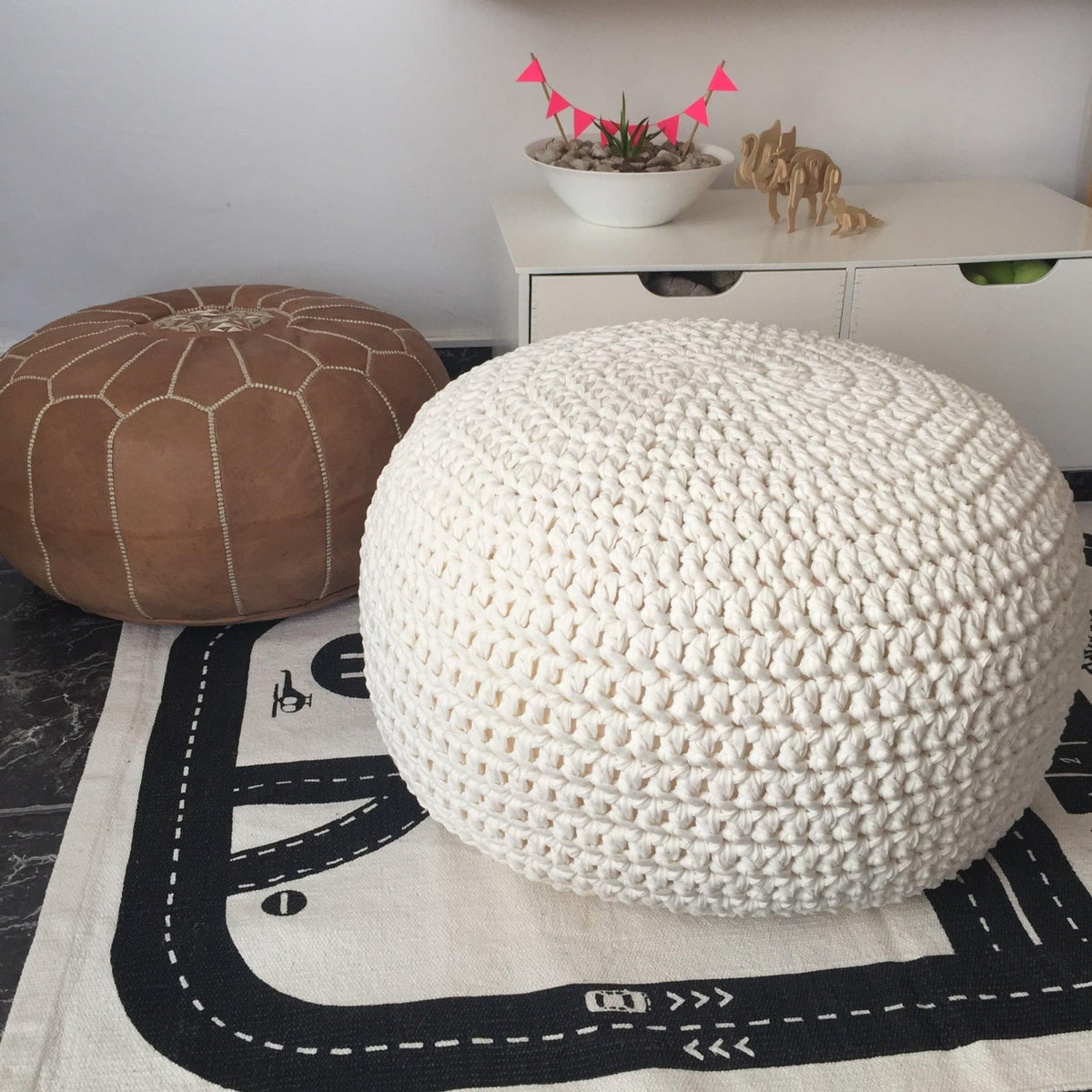 Crochet Pouf Ottoman - Pearl White